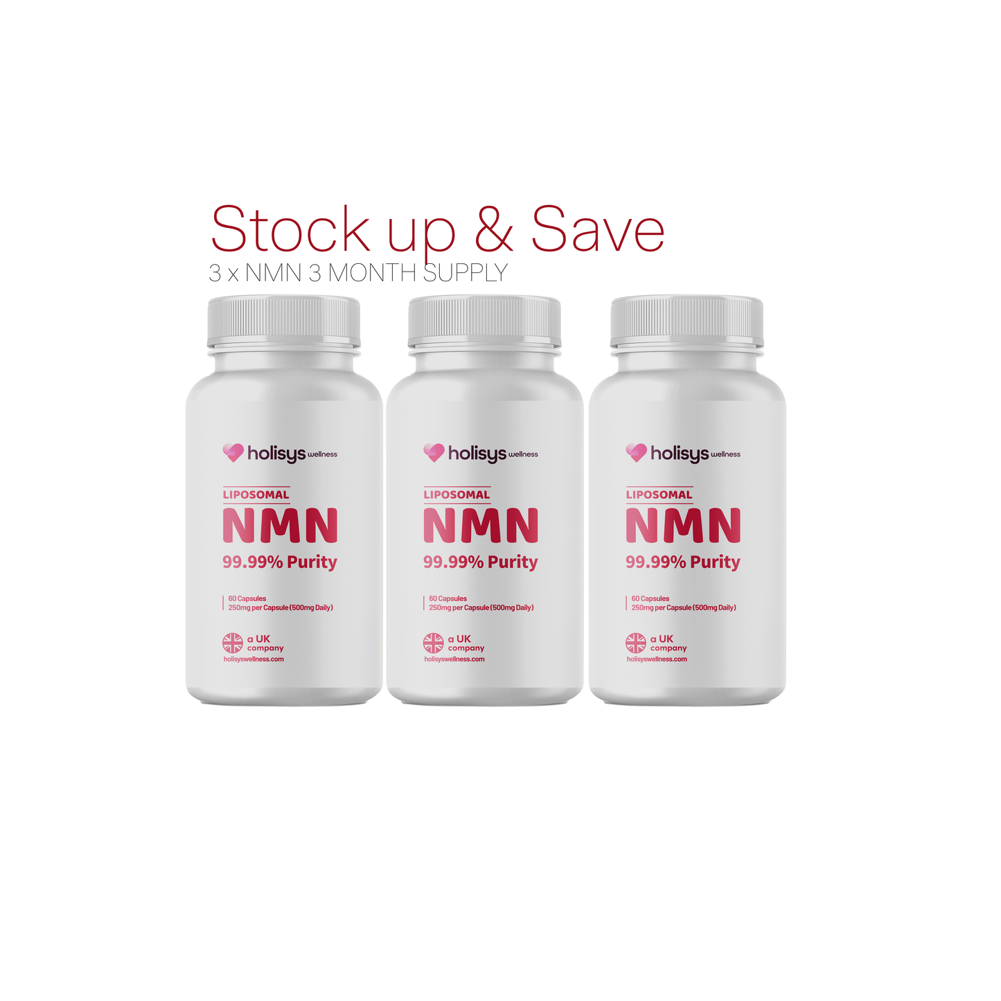 Holisys NMN Tablets – Vegan, Sugar-Free, 500 mg x2 NMN per Tablet (3 Bottle Bundle)