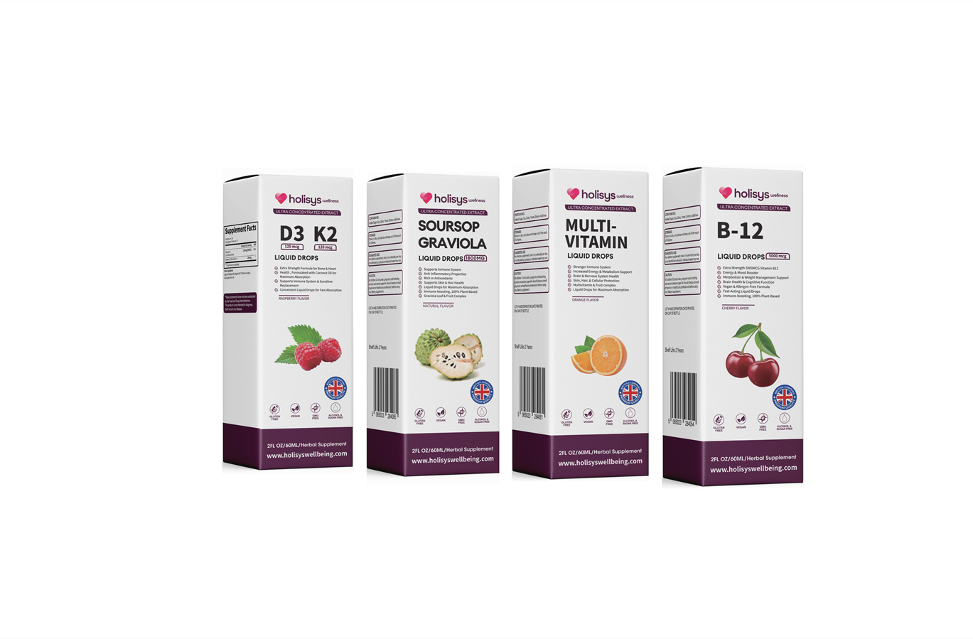 Holisys Wellness Premium Supplement Bundle (Multivitamin, D3+K2, B12 & Graviola Drops) £96.00 GBP